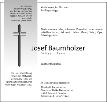 Traueranzeige von Josef Baumholzer von Kreiszeitung Waiblingen