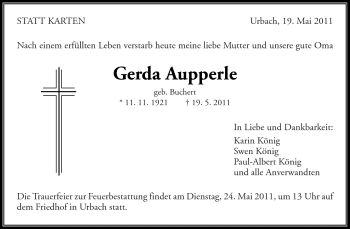 Traueranzeige von Gerda Aupperle von Kreiszeitung Waiblingen