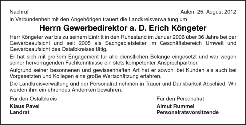  Traueranzeige für Erich Köngeter vom 25.08.2012 aus Kreiszeitung Waiblingen