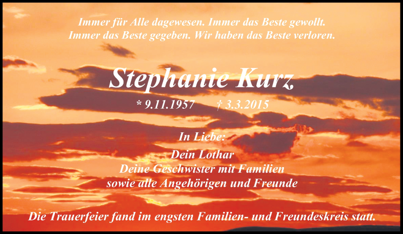  Traueranzeige für Stephanie Kurz vom 07.03.2015 aus Waiblinger Kreiszeitung