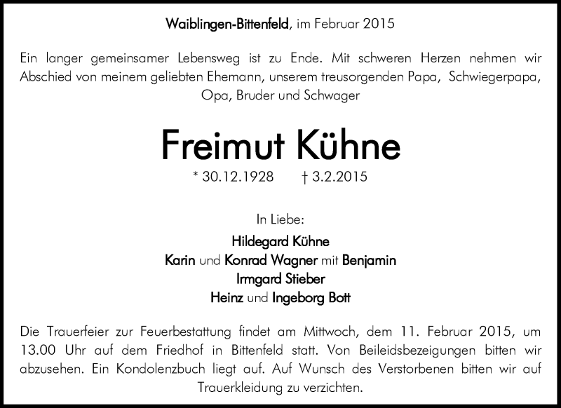 Traueranzeige für Freimut Kühne vom 06.02.2015 aus Waiblinger Kreiszeitung