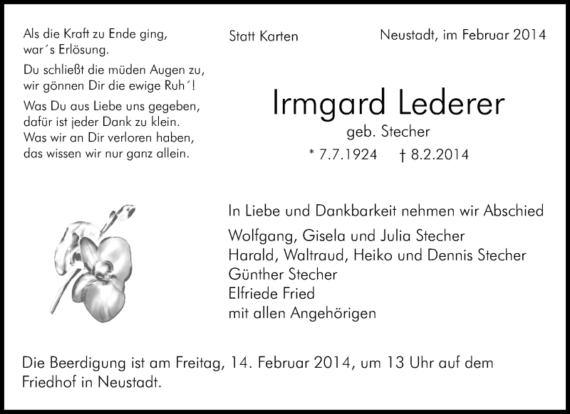  Traueranzeige für Irmgard Lederer vom 11.02.2014 aus Waiblinger Kreiszeitung