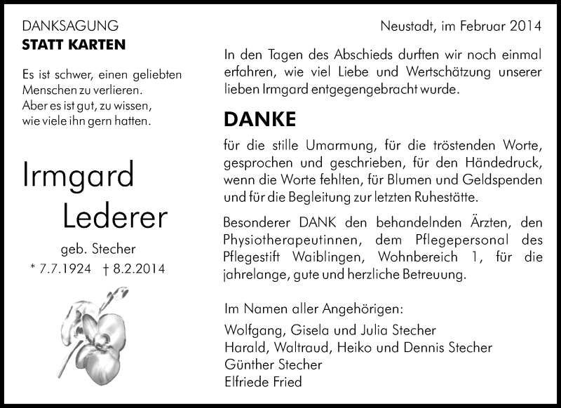  Traueranzeige für Irmgard Lederer vom 27.02.2014 aus Waiblinger Kreiszeitung