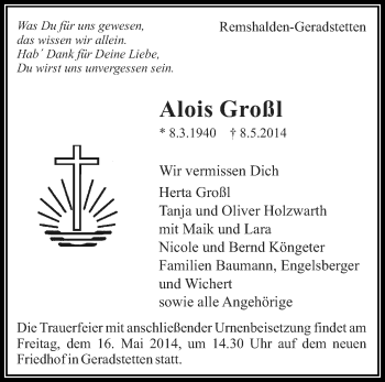 Traueranzeige von Alois Großl von Waiblinger Kreiszeitung
