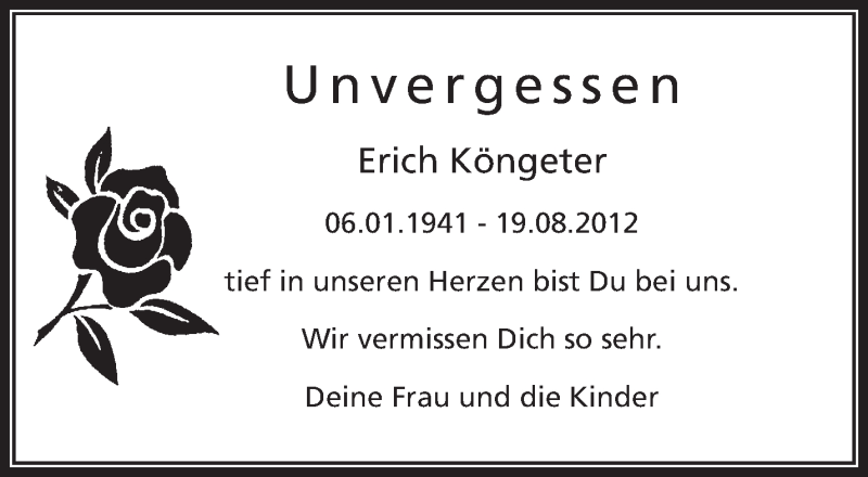  Traueranzeige für Erich Köngeter vom 19.08.2014 aus Waiblinger Kreiszeitung
