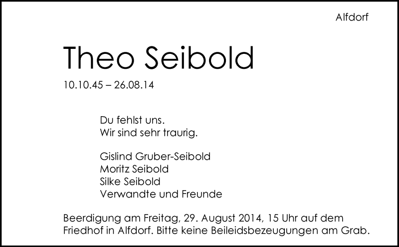  Traueranzeige für Theo Seibold vom 28.08.2014 aus Waiblinger Kreiszeitung
