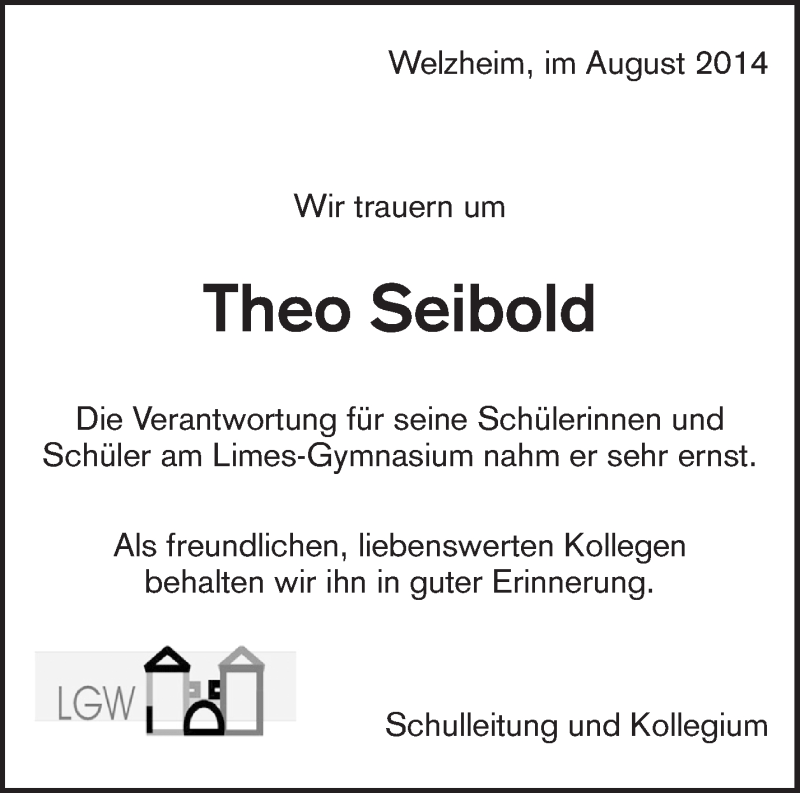  Traueranzeige für Theo Seibold vom 30.08.2014 aus Waiblinger Kreiszeitung