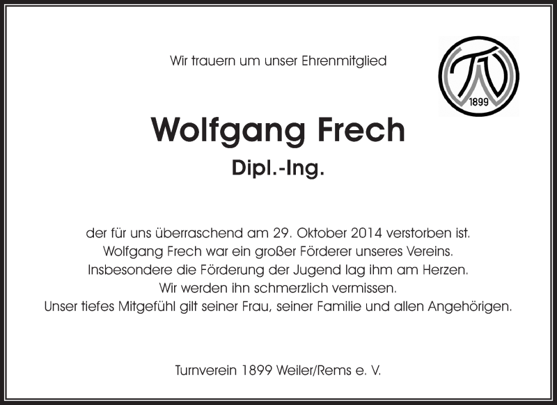  Traueranzeige für Wolfgang Frech vom 03.11.2014 aus Waiblinger Kreiszeitung