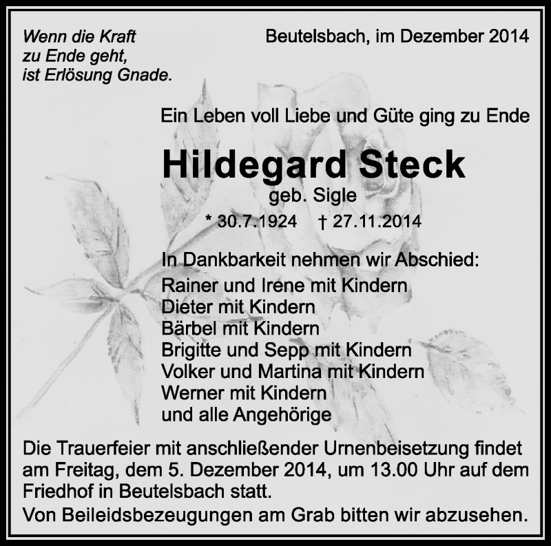  Traueranzeige für Hildegard Steck vom 02.12.2014 aus Waiblinger Kreiszeitung