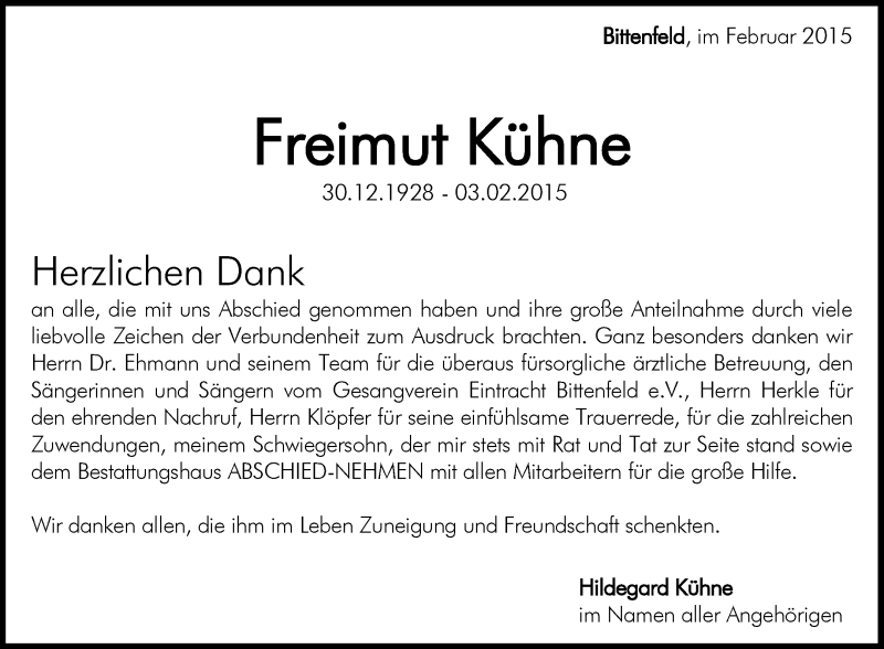  Traueranzeige für Freimut Kühne vom 26.02.2015 aus Waiblinger Kreiszeitung