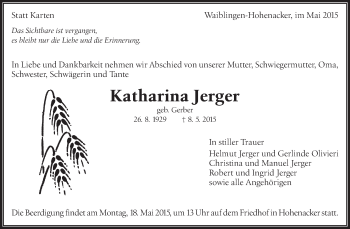 Traueranzeige von Katharina Jerger von Waiblinger Kreiszeitung