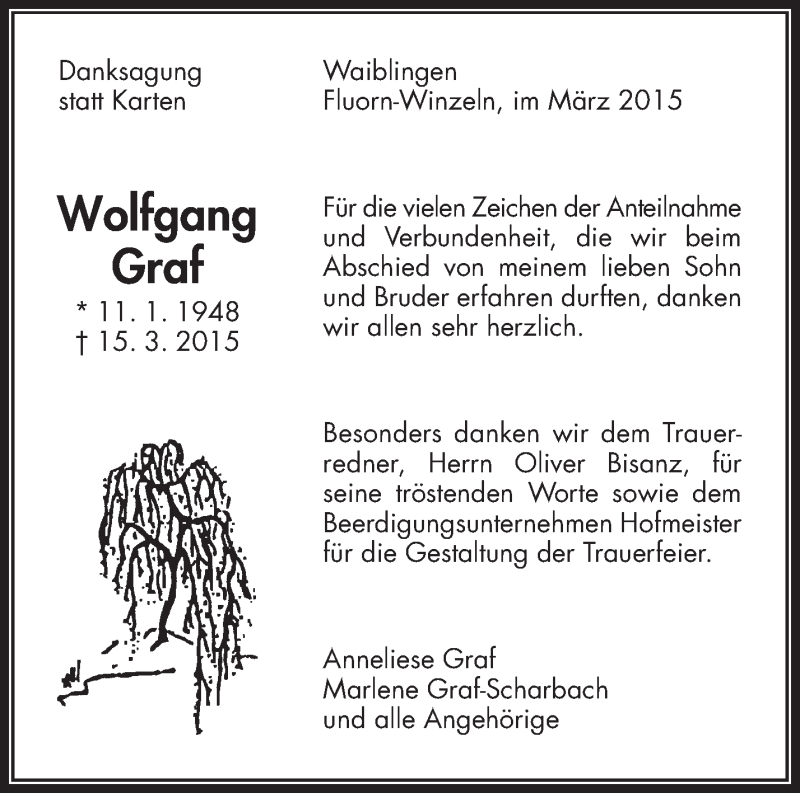  Traueranzeige für Wolfgang Graf vom 27.03.2015 aus Waiblinger Kreiszeitung