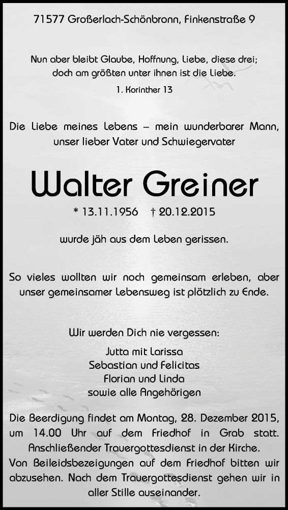  Traueranzeige für Walter Greiner vom 23.12.2015 aus Waiblinger Kreiszeitung