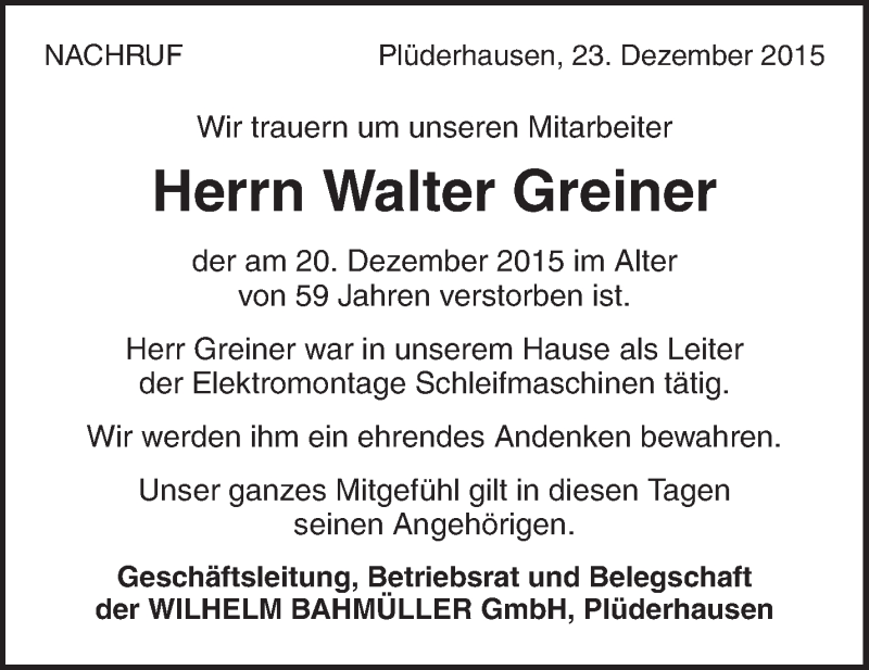  Traueranzeige für Walter Greiner vom 24.12.2015 aus Waiblinger Kreiszeitung
