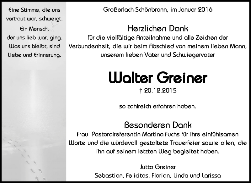  Traueranzeige für Walter Greiner vom 13.01.2016 aus Waiblinger Kreiszeitung