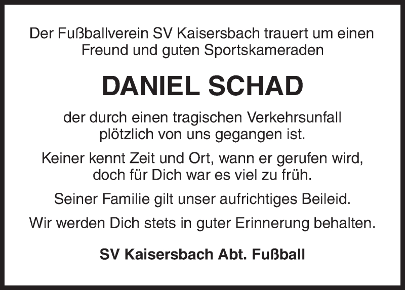  Traueranzeige für Daniel Schad vom 05.10.2016 aus Waiblinger Kreiszeitung