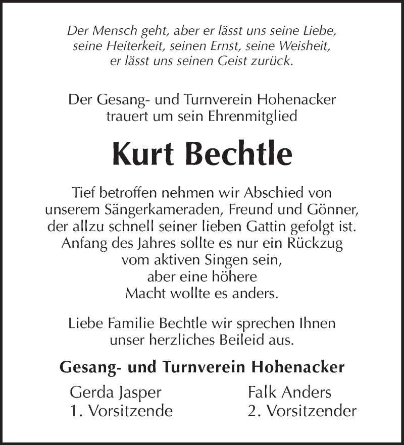  Traueranzeige für Kurt Bechtle vom 26.10.2016 aus Waiblinger Kreiszeitung