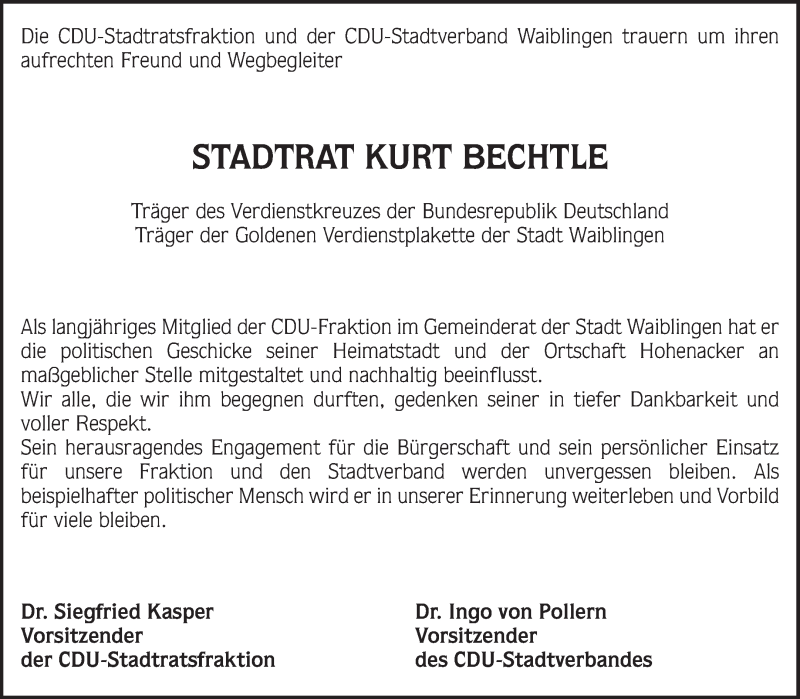  Traueranzeige für Kurt Bechtle vom 27.10.2016 aus Waiblinger Kreiszeitung