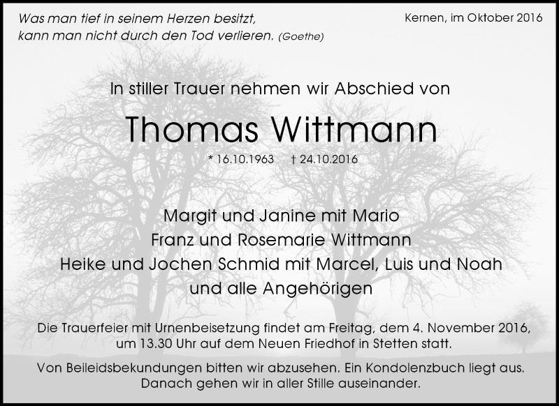  Traueranzeige für Thomas Wittmann vom 28.10.2016 aus Waiblinger Kreiszeitung