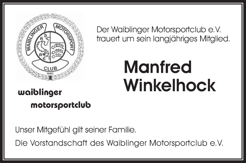  Traueranzeige für Manfred Winkelhock vom 22.10.2016 aus Waiblinger Kreiszeitung