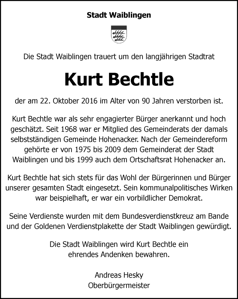  Traueranzeige für Kurt Bechtle vom 25.10.2016 aus Waiblinger Kreiszeitung