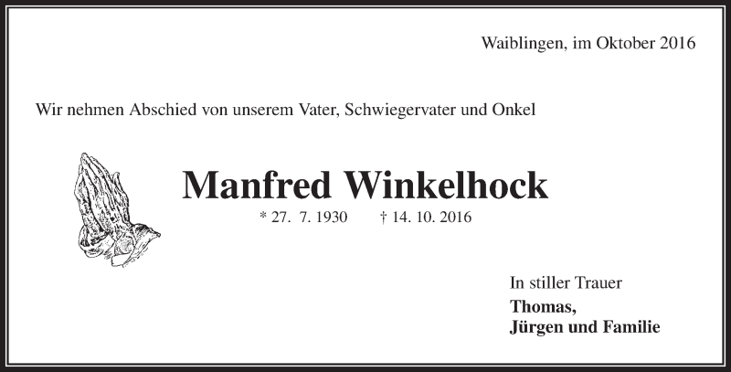  Traueranzeige für Manfred Winkelhock vom 21.10.2016 aus Waiblinger Kreiszeitung
