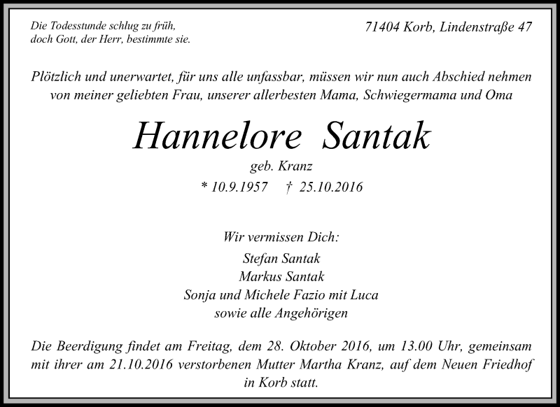  Traueranzeige für Hannelore Santak vom 26.10.2016 aus Waiblinger Kreiszeitung