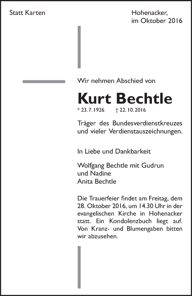  Traueranzeige für Kurt Bechtle vom 25.10.2016 aus Waiblinger Kreiszeitung