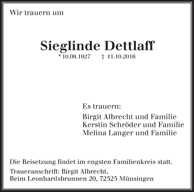  Traueranzeige für Sieglinde Dettlaff vom 13.10.2016 aus Waiblinger Kreiszeitung