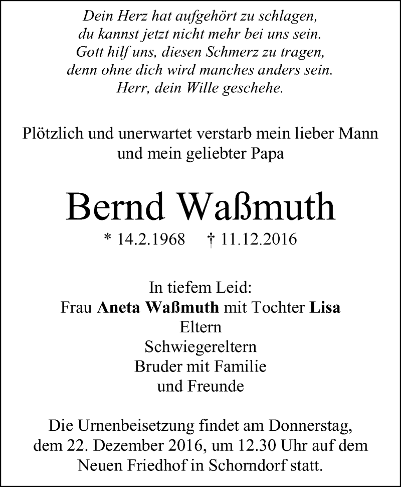  Traueranzeige für Bernd Waßmuth vom 20.12.2016 aus Waiblinger Kreiszeitung