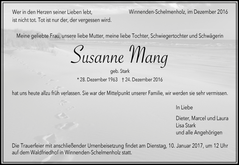  Traueranzeige für Susanne Mang vom 30.12.2016 aus Waiblinger Kreiszeitung