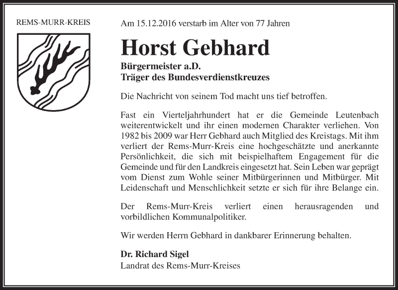  Traueranzeige für Horst Gebhard vom 17.12.2016 aus Waiblinger Kreiszeitung