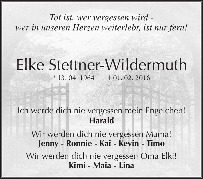  Traueranzeige für Elke Stettner-Wildermuth vom 13.02.2016 aus Waiblinger Kreiszeitung