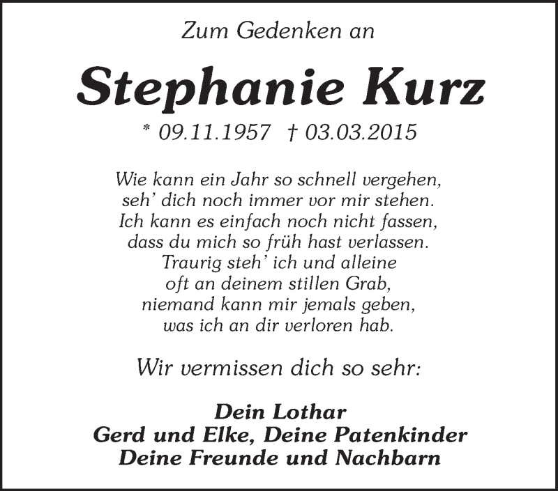  Traueranzeige für Stephanie Kurz vom 03.03.2016 aus Waiblinger Kreiszeitung