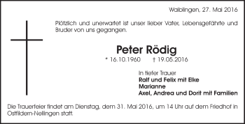 Traueranzeige von Peter Rödig von Waiblinger Kreiszeitung