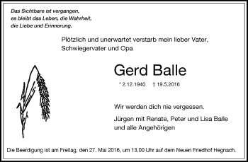 Traueranzeige von Gerd Balle von Waiblinger Kreiszeitung
