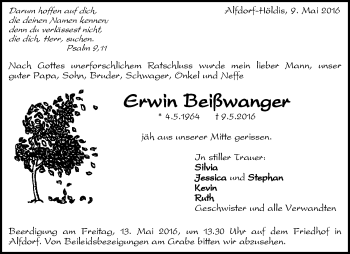 Traueranzeige von Erwin Beißwanger von Waiblinger Kreiszeitung