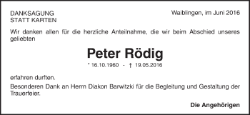 Traueranzeige von Peter Rödig von Waiblinger Kreiszeitung