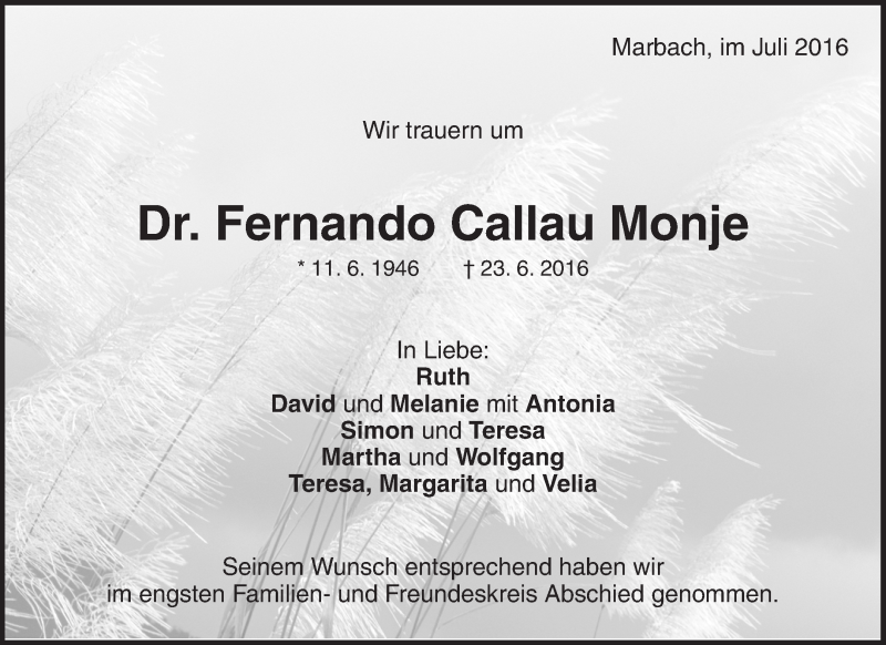  Traueranzeige für Fernando  Callau Monje vom 16.07.2016 aus Waiblinger Kreiszeitung