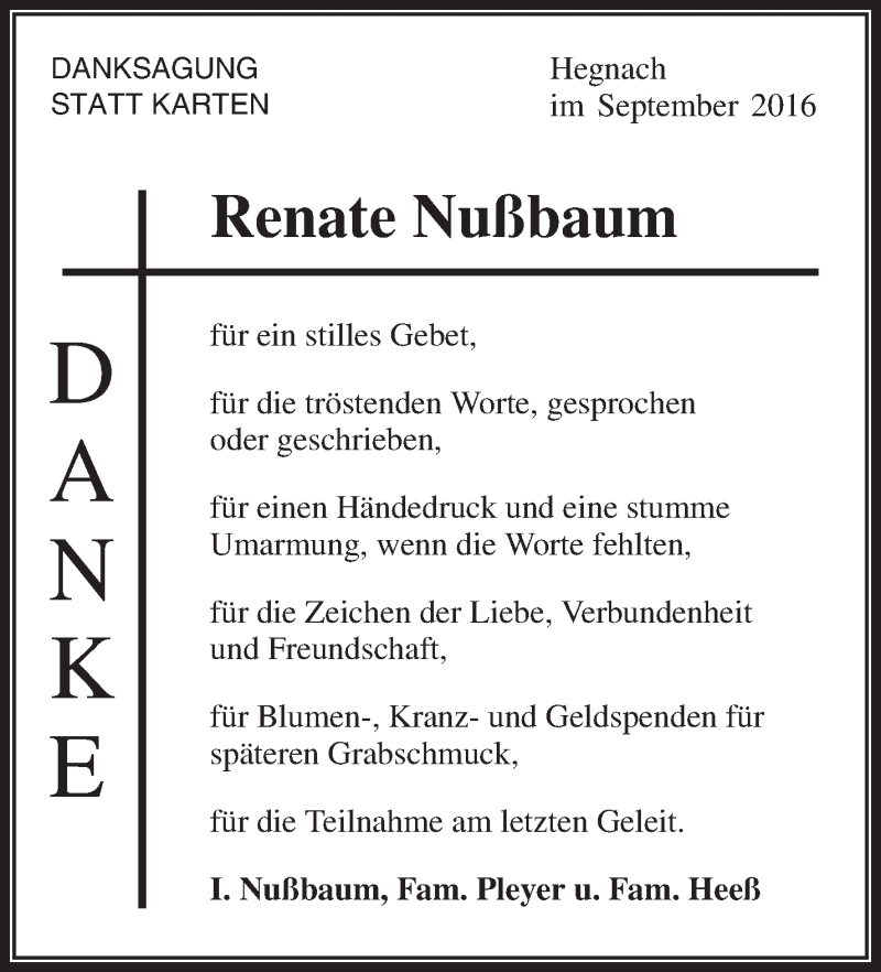  Traueranzeige für Renate Nußbaum vom 30.09.2016 aus Waiblinger Kreiszeitung
