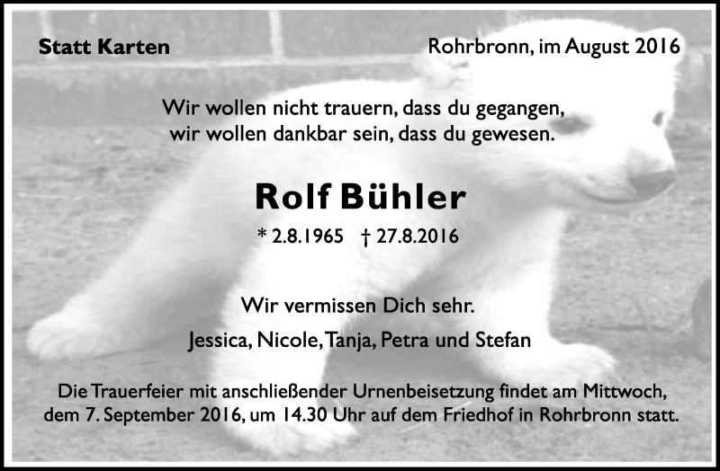  Traueranzeige für Rolf Bühler vom 02.09.2016 aus Waiblinger Kreiszeitung