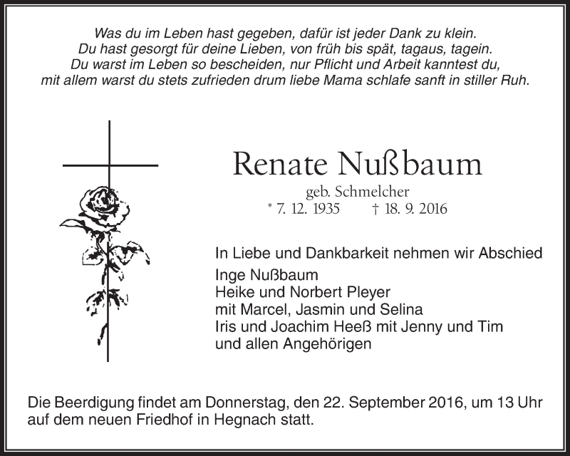  Traueranzeige für Renate Nußbaum vom 21.09.2016 aus Waiblinger Kreiszeitung