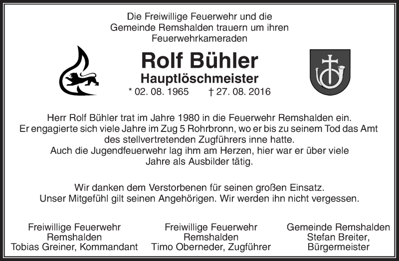  Traueranzeige für Rolf Bühler vom 02.09.2016 aus Waiblinger Kreiszeitung