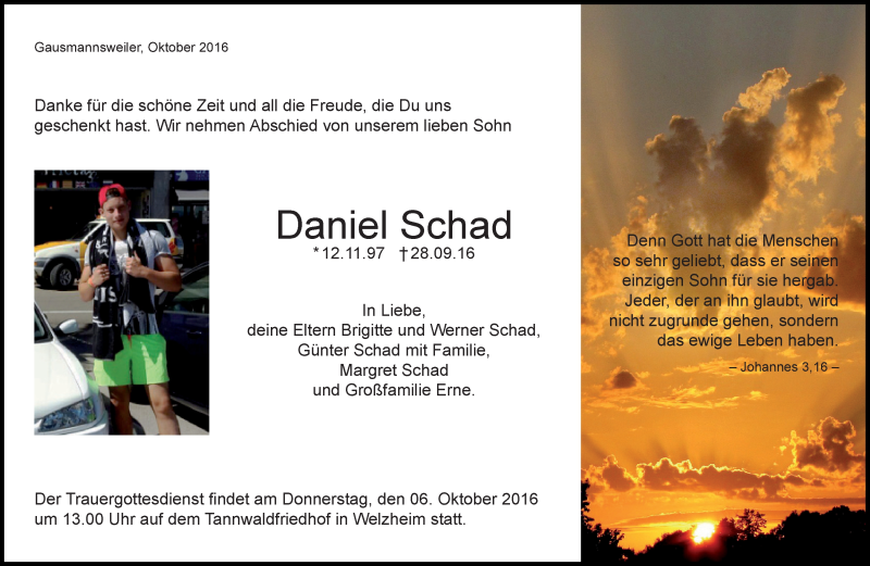  Traueranzeige für Daniel Schad vom 01.10.2016 aus Waiblinger Kreiszeitung