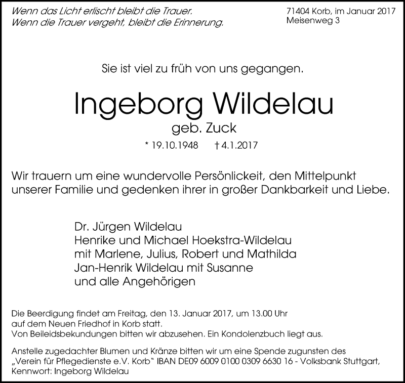 Traueranzeige für Ingeborg Wildelau vom 09.01.2017 aus Waiblinger Kreiszeitung