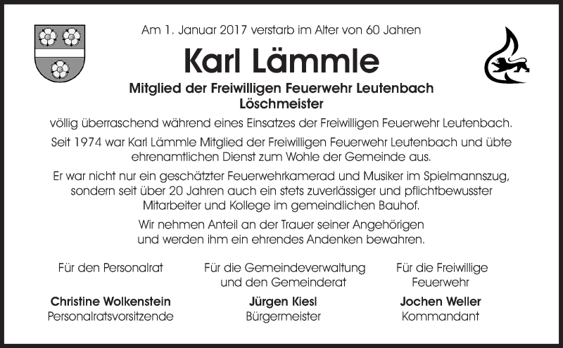  Traueranzeige für Karl Lämmle vom 09.01.2017 aus Waiblinger Kreiszeitung