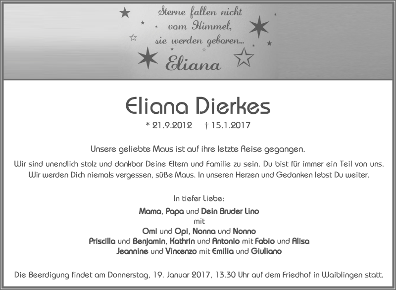  Traueranzeige für Eliana Dierkes vom 18.01.2017 aus Waiblinger Kreiszeitung