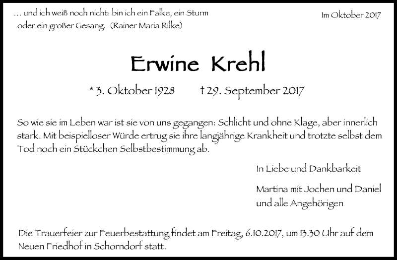  Traueranzeige für Erwine Krehl vom 04.10.2017 aus Waiblinger Kreiszeitung