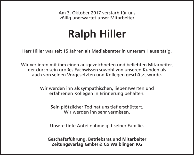  Traueranzeige für Ralph Hiller vom 07.10.2017 aus Waiblinger Kreiszeitung
