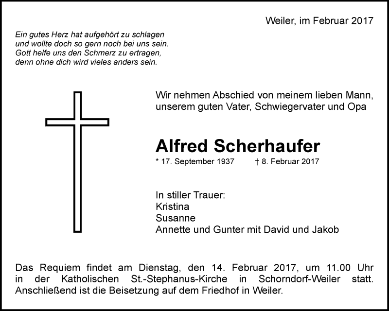 Traueranzeige für Alfred Scherhaufer vom 11.02.2017 aus Waiblinger Kreiszeitung